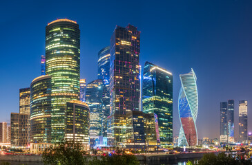 Naklejka premium Moscow city at summer night. Modern skyscrapers in Moscow-city downtown. Moscow, Russia