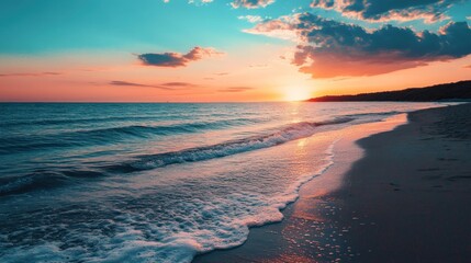Serene seaside scene with rippling waves and pastel sky.