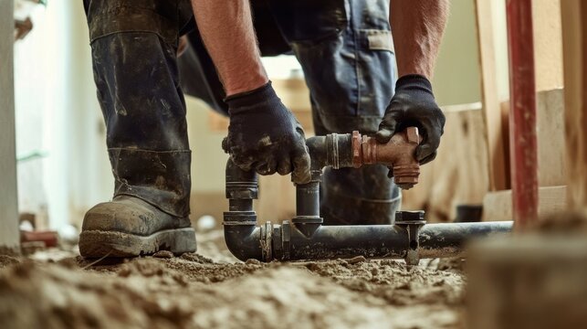 Plumber installing a new water line in a house foundation. Featuring precision and technical skill