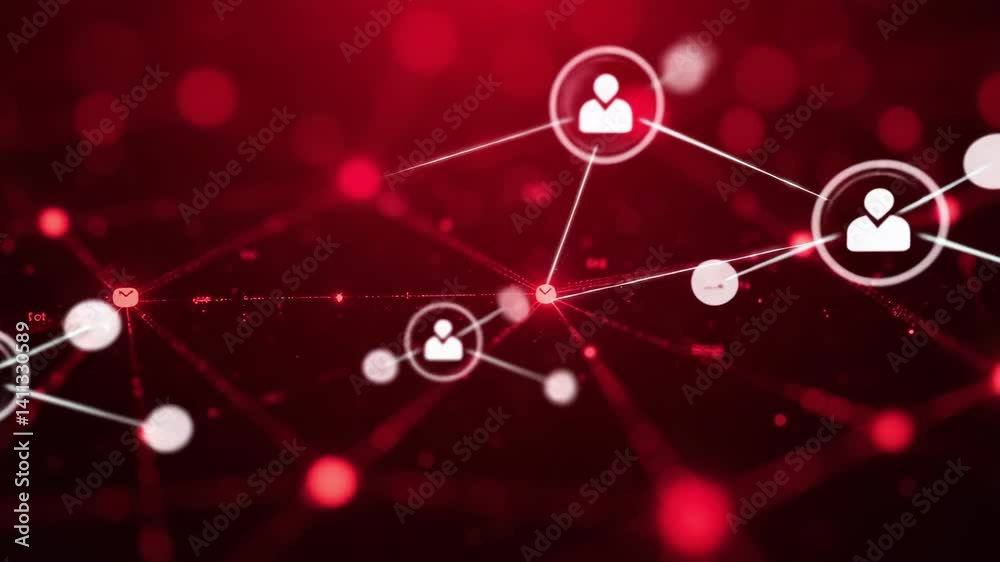 Poster abstract red digital network with connecting nodes and lines representing data flow and communicatio