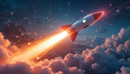 A rocket ship with business graph bar chart, Rocket business graph background 