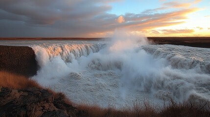 Fototapeta premium Powerful waterfall at sunset. Dramatic cascade