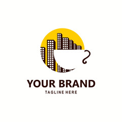coffee cup and skyscraper logo with sun background