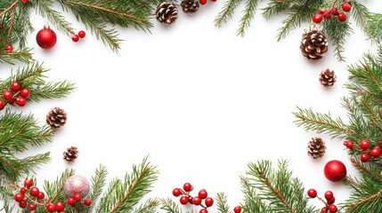festive frame made of pine branches adorned with red berries and ornaments creating a christmas or holiday border over a crisp white backdrop creating inviting space