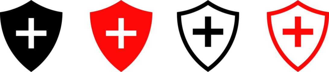 Obraz premium shield icon set. shield with tick mark and plus mark. Medical Protection symbol. Healthcare medicine protected guard shield concept 
