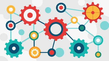 A network of gears rotating and interlocking signifying the smooth exchange of data between different equipment and devices.. Vector illustration