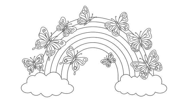 Line art coloring page a4 featuring a rainbow and butterflies for kids

