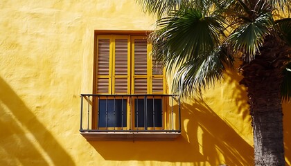Yellow window with wooden shutters and palm tree on the yellow wall