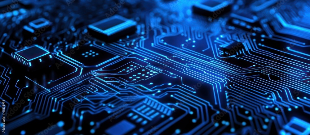 Poster illuminated pathways of modern technology a mesmerizing macro view of a blue circuit board highlight