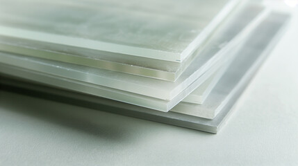 Stack of transparent glass sheets with subtle etched layers symbolizing hierarchical subcategories, minimalist concept for organization and structure visualization.
