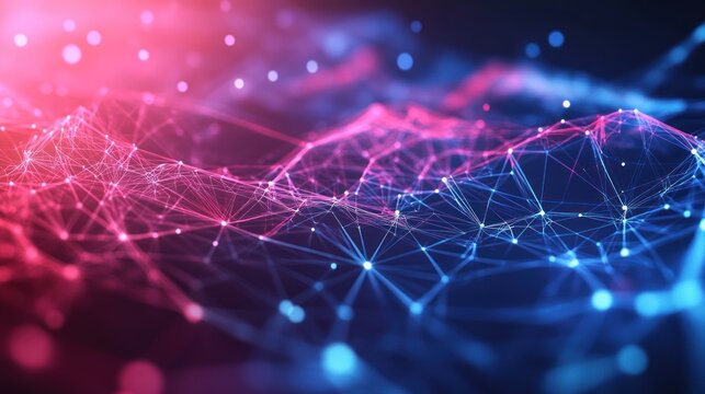 an interconnected network of glowing lines and nodes creates a mesmerizing display of data flow representing digital innovation in the modern era and technological advancement