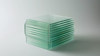 Stack of transparent glass sheets with subtle etched layers symbolizing hierarchical subcategories, minimalist concept for organization and structure visualization.
