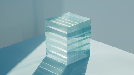 Stack of transparent glass sheets with subtle etched layers symbolizing hierarchical subcategories, minimalist concept for organization and structure visualization.