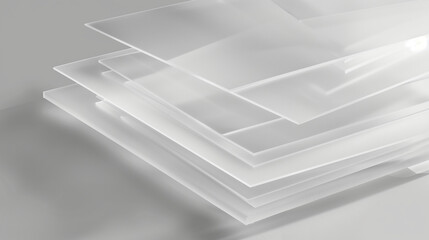 Stack of transparent glass sheets with subtle etched layers symbolizing hierarchical subcategories, minimalist concept for organization and structure visualization.