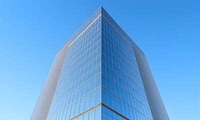 A tall building with many windows against a blue sky.
