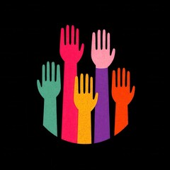 Obraz premium A vibrant illustration of colorful hands raised together against a black background, symbolizing unity and support.