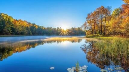 Obraz premium Serene autumn sunrise over a tranquil lake