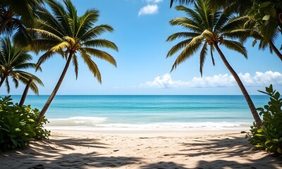 Fototapeta premium A tropical beach with blue water and palm trees.