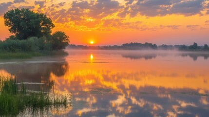 Fototapeta premium Serene sunrise over a misty lake