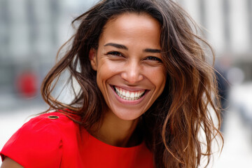 Obraz premium Happy multiracial female brunette CEO wearing red top