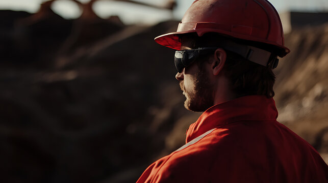 Mining supervisor reviewing safety procedures while inspecting the excavation site. Featuring safety inspection and operational oversight