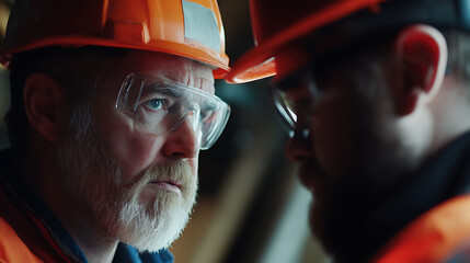 Mining supervisor reviewing safety protocols with workers before starting excavation. Featuring coordination and leadership