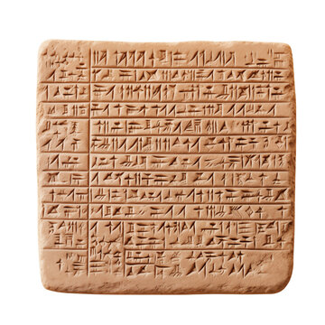 A close up shot of a cuneiform tablet with rows of ancient symbols and text on a clay surface png