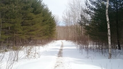 Snow-covered forest path leading through tall evergreens under a clear winter sky