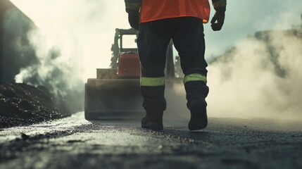A road construction worker operating an asphalt compactor. Featuring precision and endurance