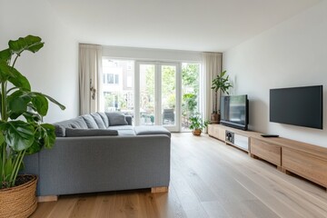 Fototapeta premium A modern living room interior with large open windows
