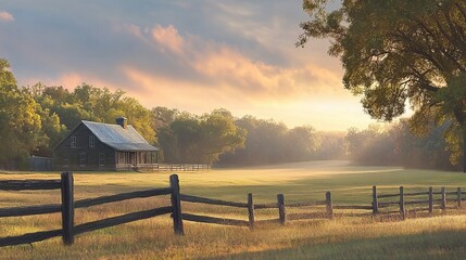 Sunset behind rural farmhouse and open field with fence and trees