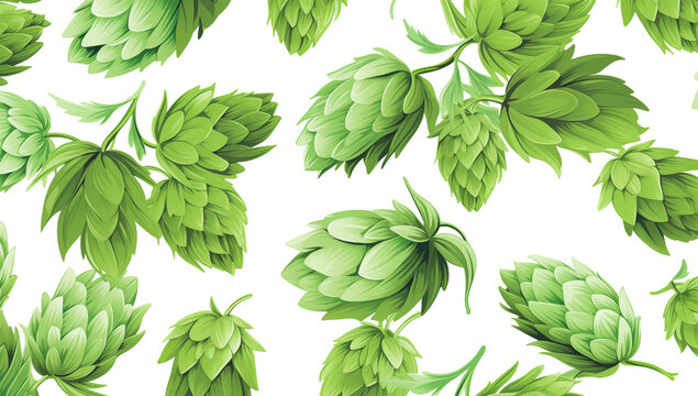 Green hop cones and leaves arranged in a seamless pattern against a dark background illustration art png