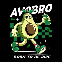 Happy Avocado Tropical Summer Vibes Cartoon Character in Retro Vintage Style