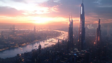 Fototapeta premium a breathtaking digital artwork depicting a futuristic cityscape at sunset featuring towering skyscrapers along a winding river bathed in warm light and soft atmospheric perspective