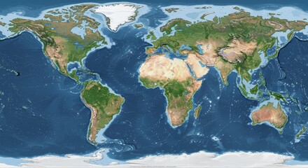 Global Earth Map Topography - Detailed satellite of Earth showing continents, oceans, and topography. High-resolution world map
