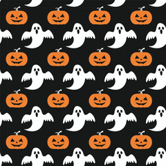 Obraz premium Halloween Pattern with Pumpkins and Ghosts on Black Background
