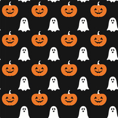 Halloween Pattern with Pumpkins and Ghosts on Black Background