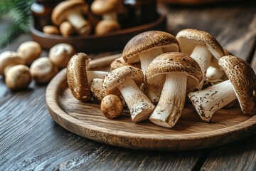 Fresh mushrooms on a wooden platter.  A variety of mushrooms, including brown and white varieties, are clustered together on a round wooden plate. The plate sits on a dark wooden table