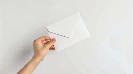 Fototapeta premium Hand holding classic white envelope against minimal background