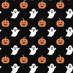 Naklejka premium Halloween Pattern with Pumpkins and Ghosts illustration