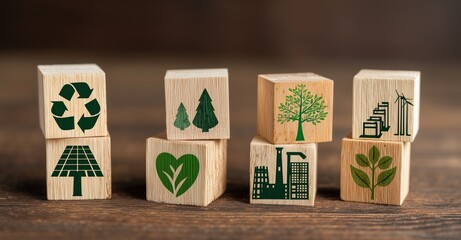 Environmental concepts on ESG, environment, carbon, recycling, society, industry and solar energy. sustainable natural energy Green icon on a wooden block. Copy space