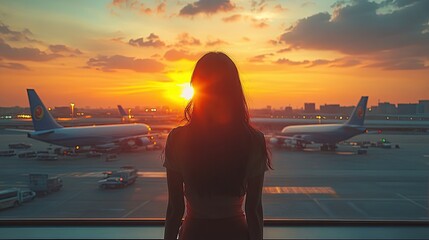 Woman silhouetted against a sunset at an airport, watching airplanes on the tarmac.