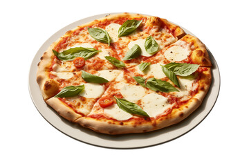 A margarita pizza with basil and tomatoes on a plate, cut into slices and ready to be served   png