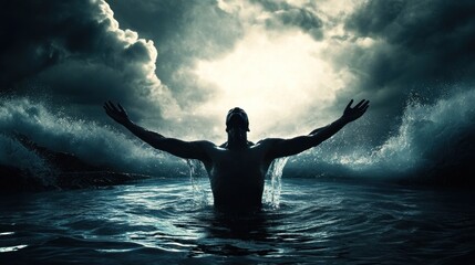 a solitary figure emerges from the ocean depths under a dramatic sky showcasing the raw power of nature and the resilience of the human spirit facing challenging forces