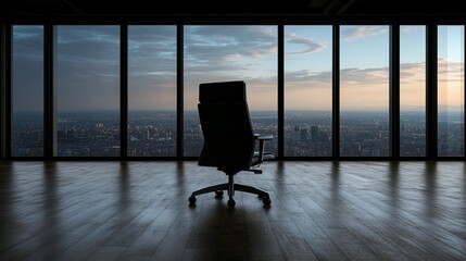 Naklejka na ściany i meble Empty office chair corporate success sunset city view minimalist modern design