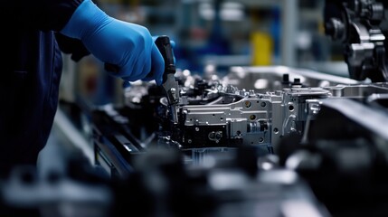 Production worker inspecting automotive parts on a factory assembly line. Featuring attention to detail and quality