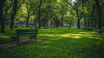 Fototapeta premium Serene Park Bench Green Grass Trees Nature Landscape