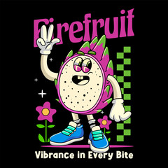 Dragon Fruit Cartoon Character in Retro Vintage Style	