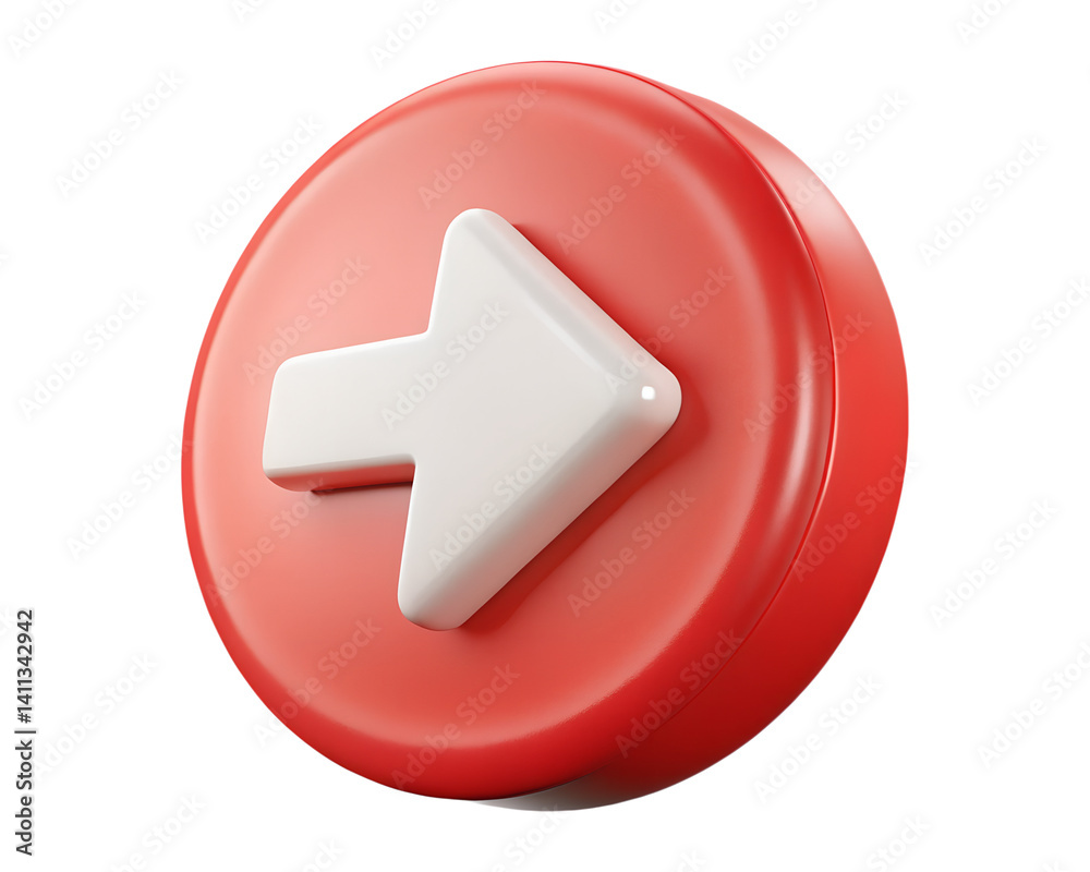 Poster red rounded button with white arrow pointing right 3d isolated on white background