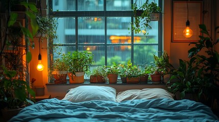 Cozy bedroom with plants and rain